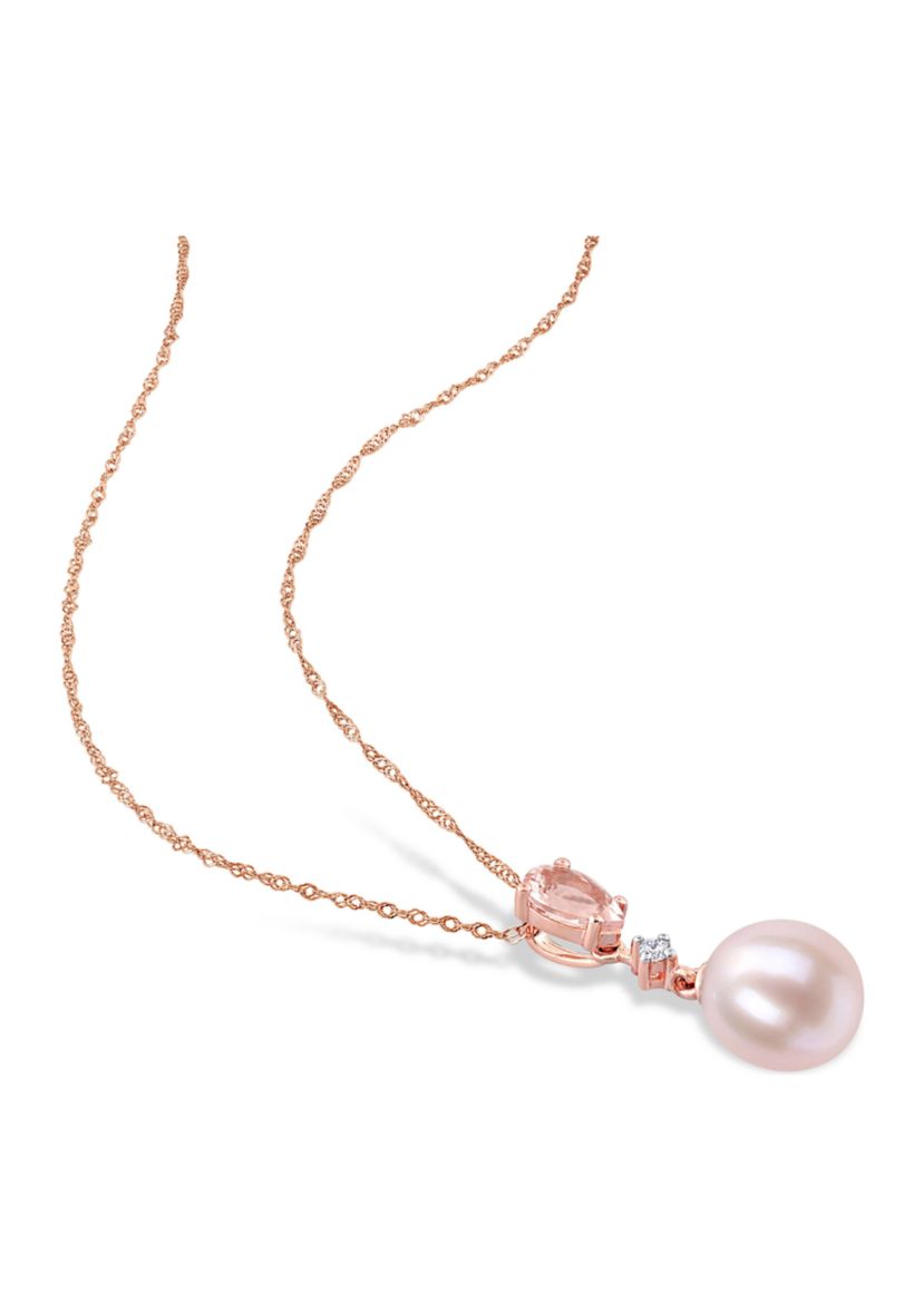 9-9.5mm Pink Freshwater Cultured Pearl and 1 1/5 CT TGW Morganite and Diamond Accent Drop Earrings and Pendant Set in 10k Rose Gold