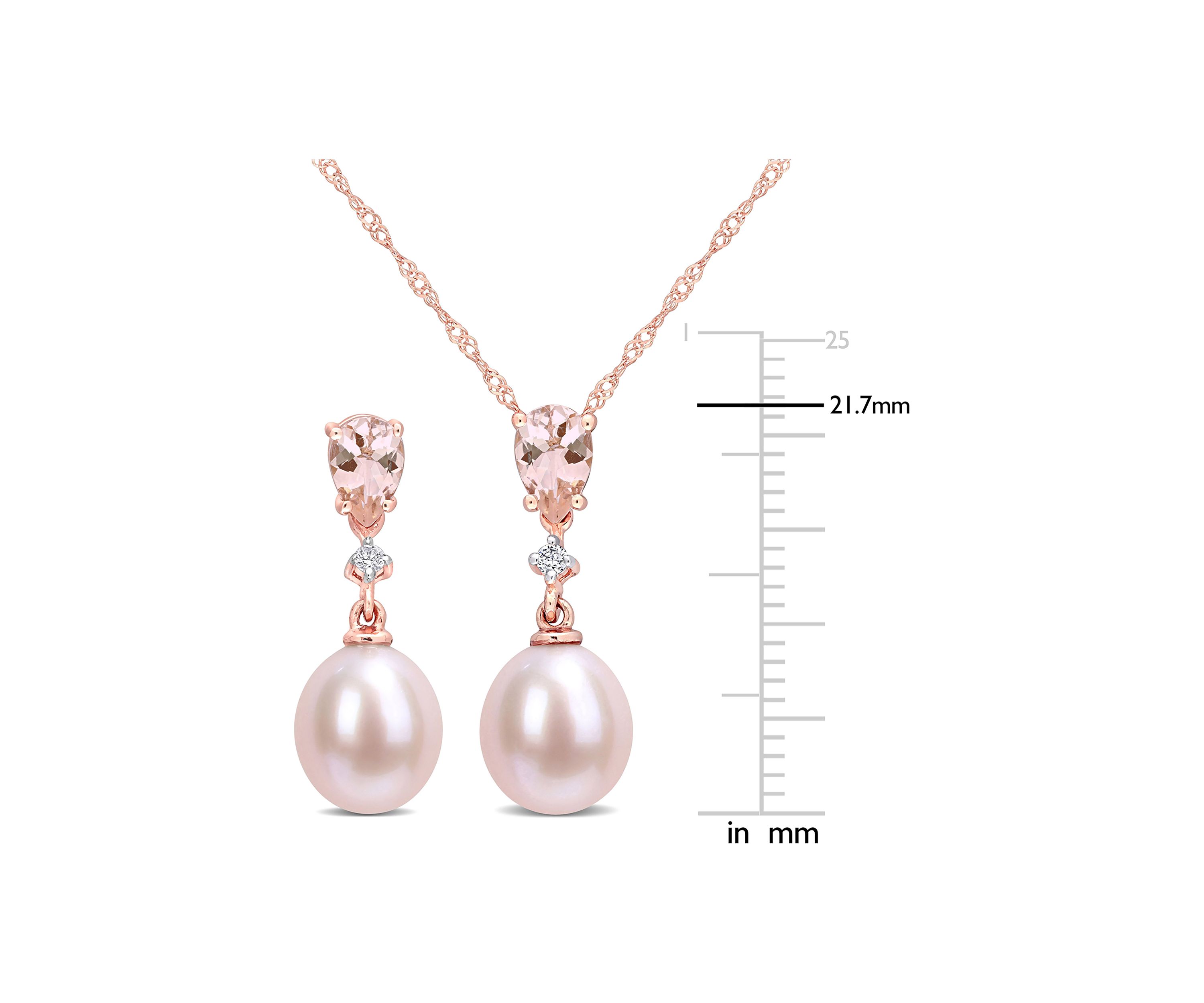 9-9.5mm Pink Freshwater Cultured Pearl and 1 1/5 CT TGW Morganite and Diamond Accent Drop Earrings and Pendant Set in 10k Rose Gold