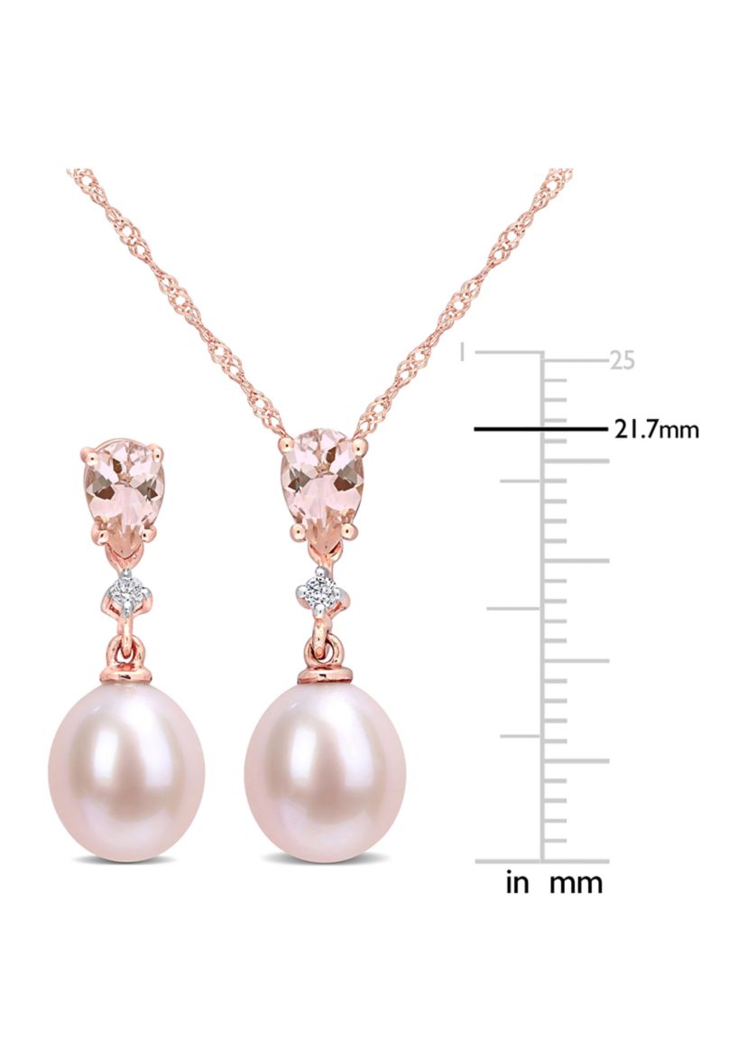 9-9.5mm Pink Freshwater Cultured Pearl and 1 1/5 CT TGW Morganite and Diamond Accent Drop Earrings and Pendant Set in 10k Rose Gold