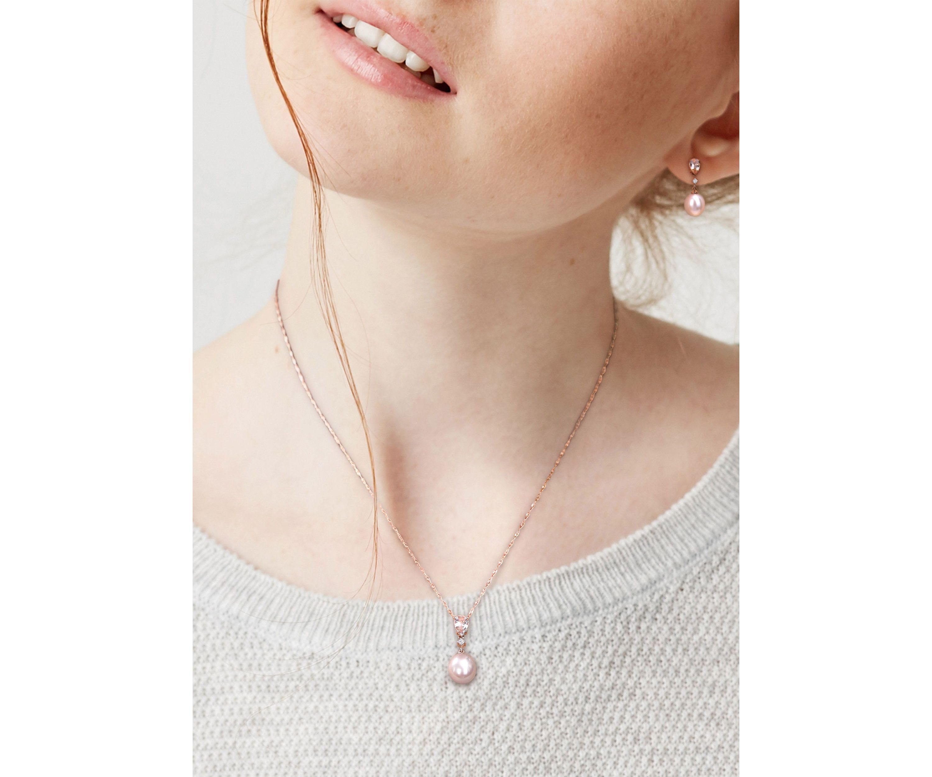 9-9.5mm Pink Freshwater Cultured Pearl and 1 1/5 CT TGW Morganite and Diamond Accent Drop Earrings and Pendant Set in 10k Rose Gold