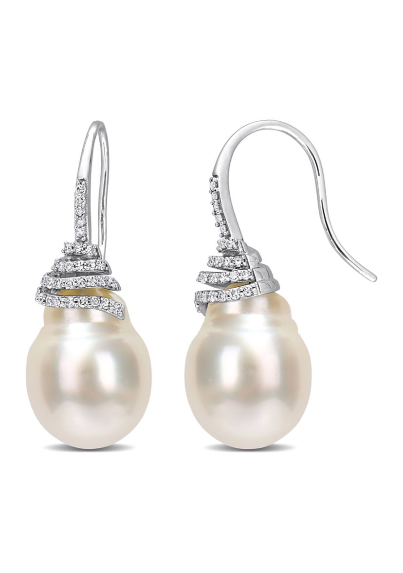 10-11mm South Sea Cultured Pearl and 1/3 CT TW Diamond Swirl Hook Earrings in 14k White Gold