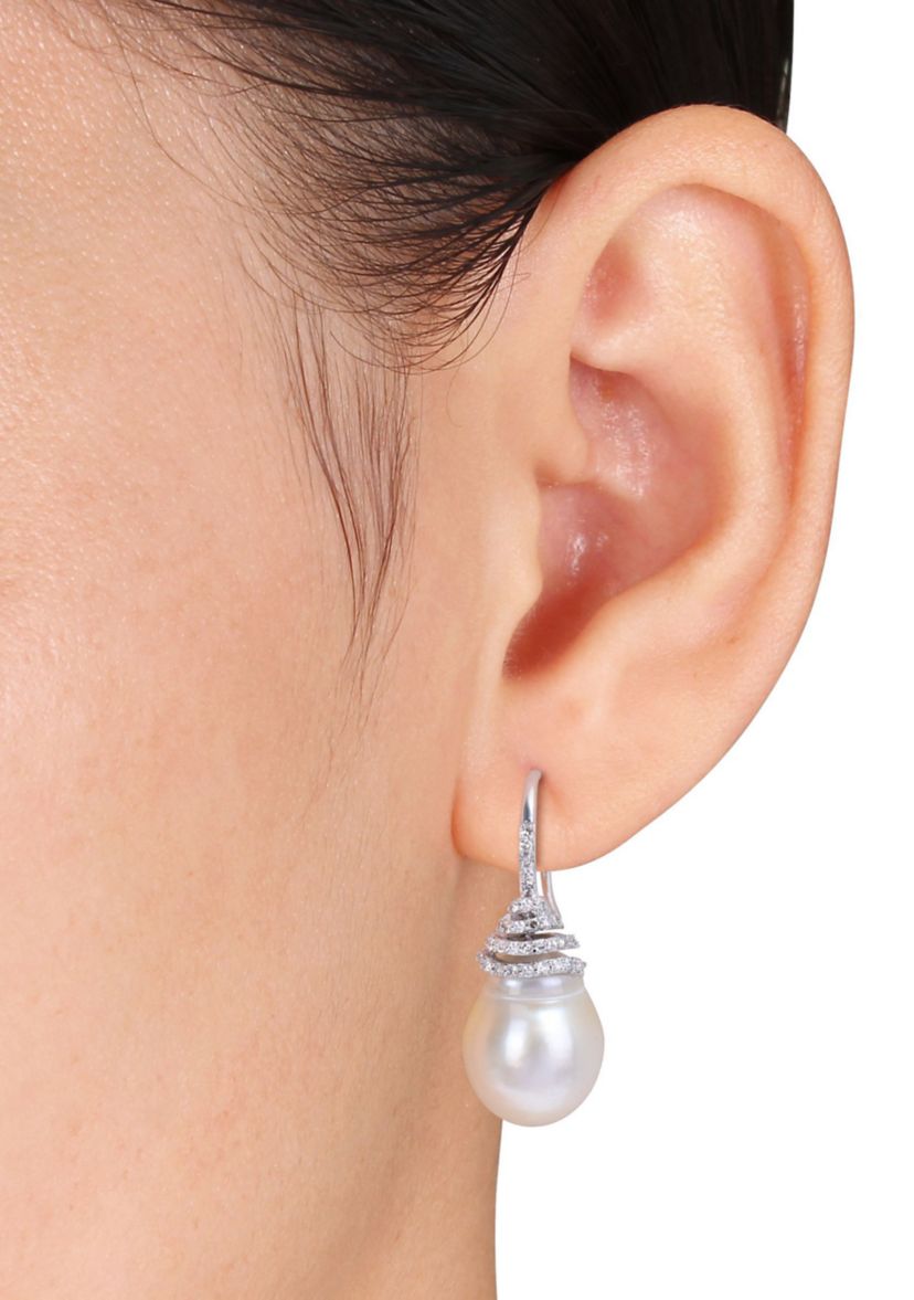 10-11mm South Sea Cultured Pearl and 1/3 CT TW Diamond Swirl Hook Earrings in 14k White Gold