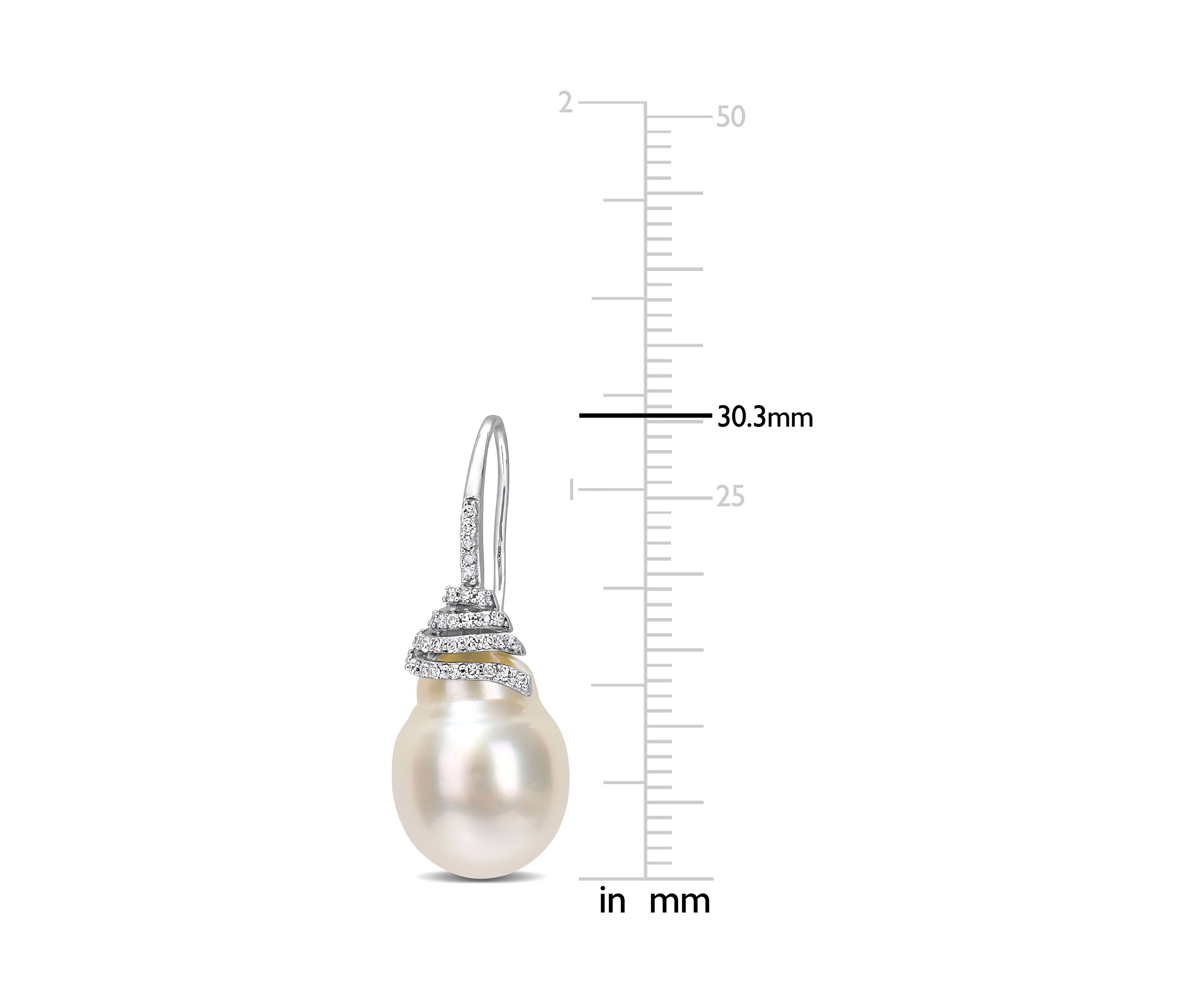 10-11mm South Sea Cultured Pearl and 1/3 CT TW Diamond Swirl Hook Earrings in 14k White Gold