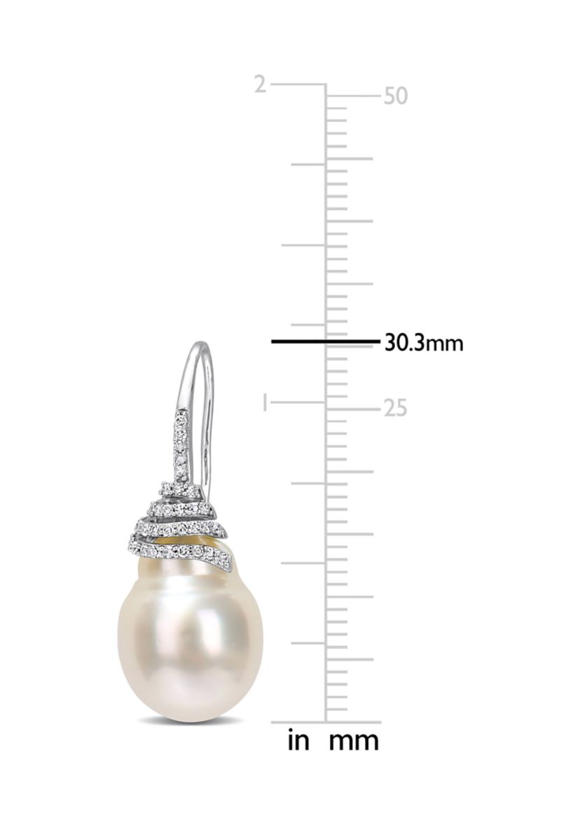 10-11mm South Sea Cultured Pearl and 1/3 CT TW Diamond Swirl Hook Earrings in 14k White Gold