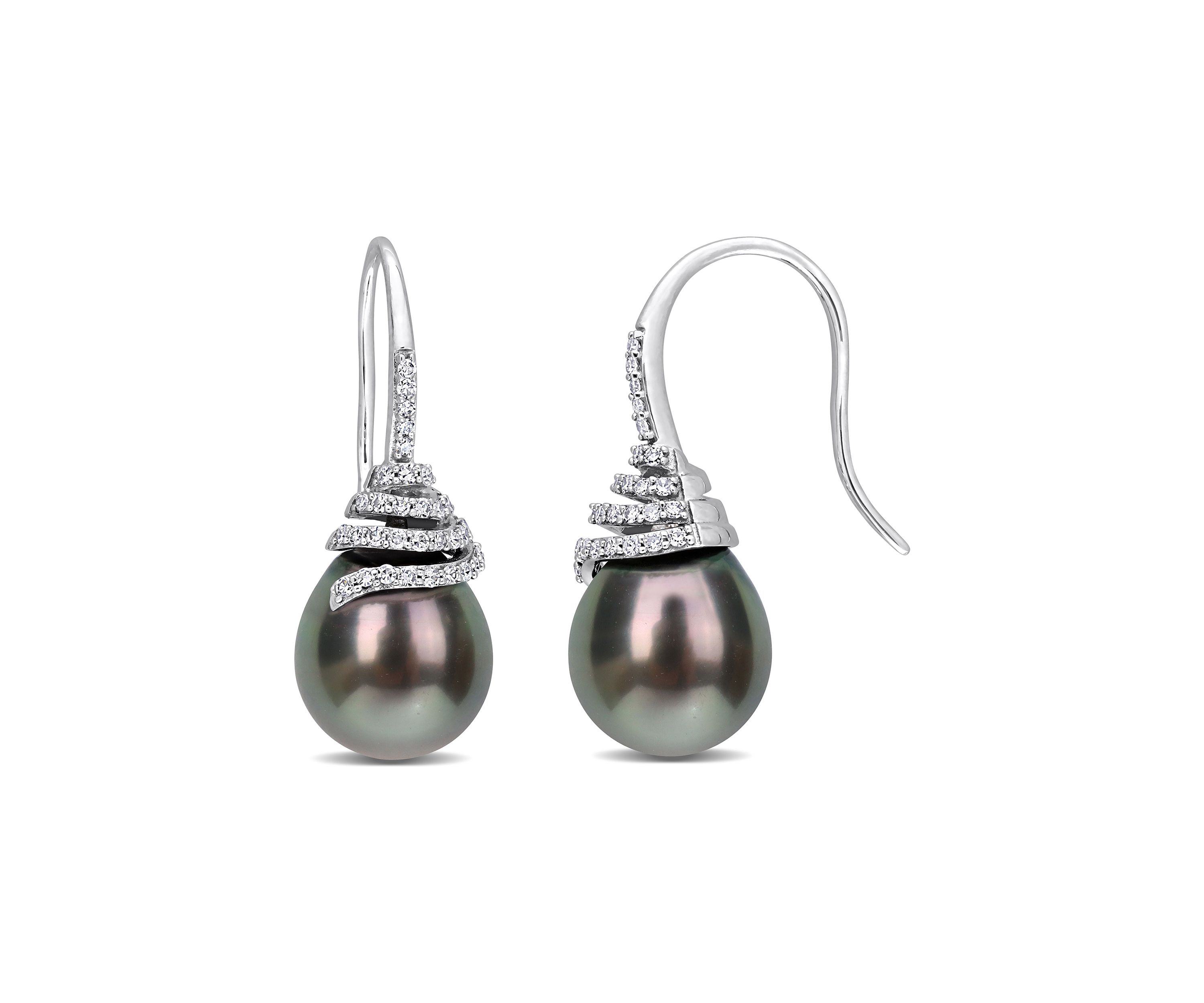 10-11mm Black Tahitian Cultured Pearl and 1/3 CT TW Diamond Swirl Hook Earrings in 14k White Gold