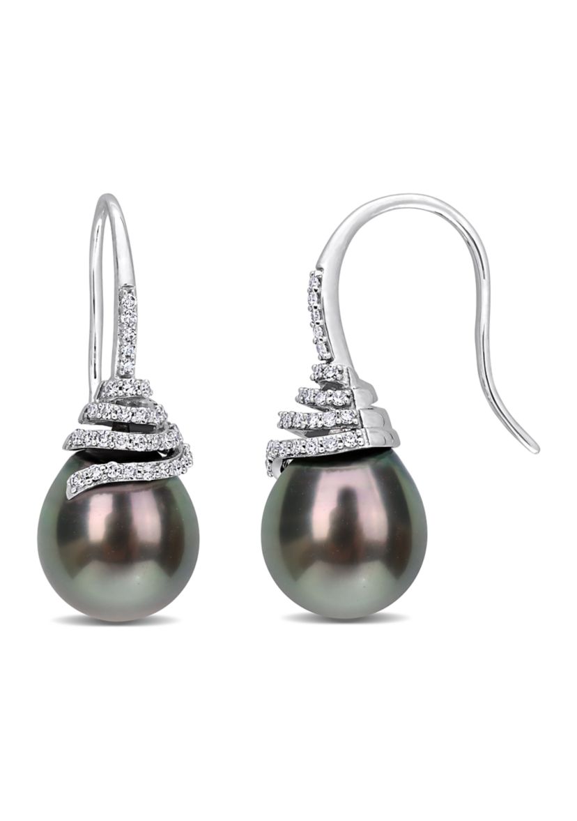 10-11mm Black Tahitian Cultured Pearl and 1/3 CT TW Diamond Swirl Hook Earrings in 14k White Gold