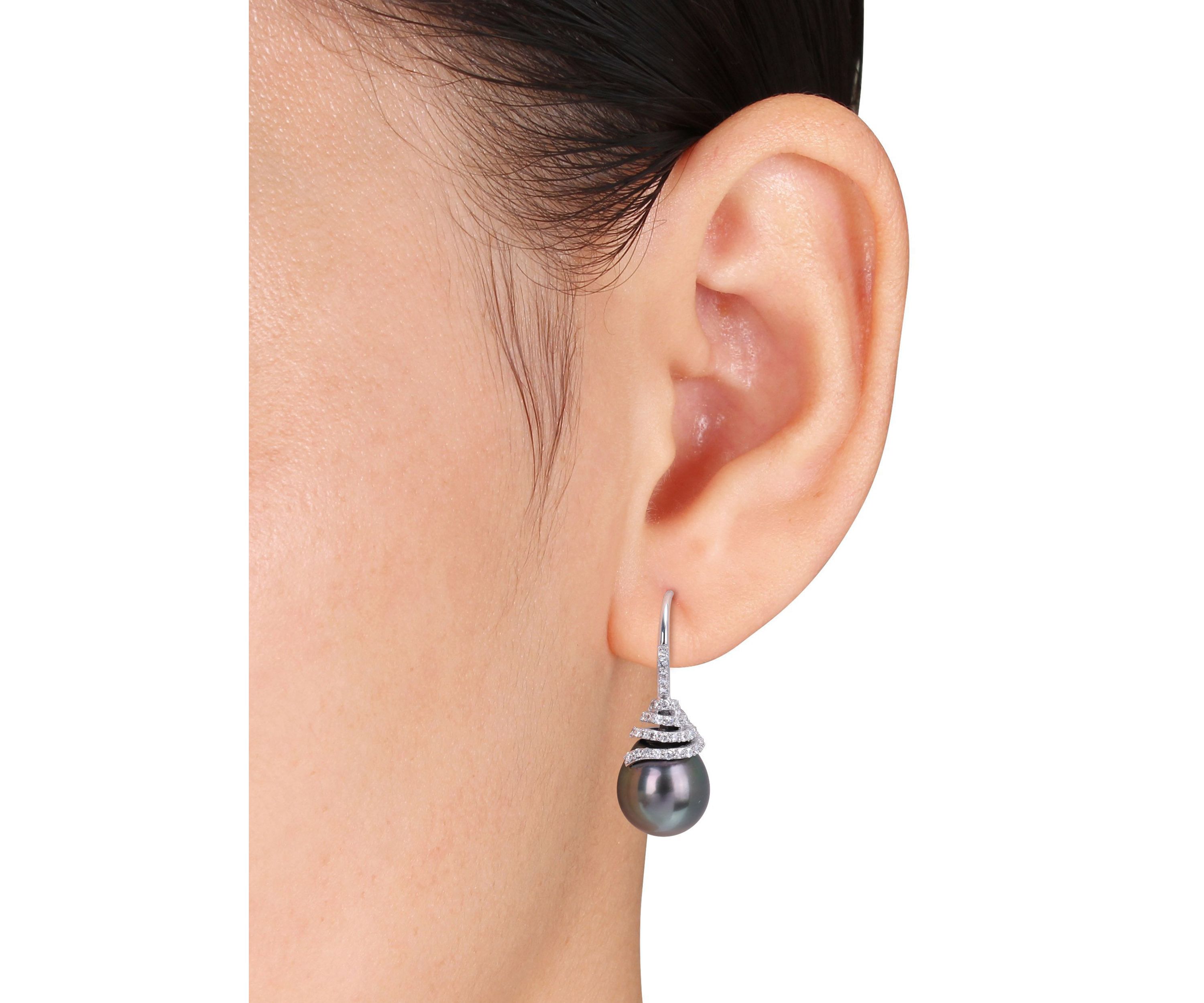 10-11mm Black Tahitian Cultured Pearl and 1/3 CT TW Diamond Swirl Hook Earrings in 14k White Gold
