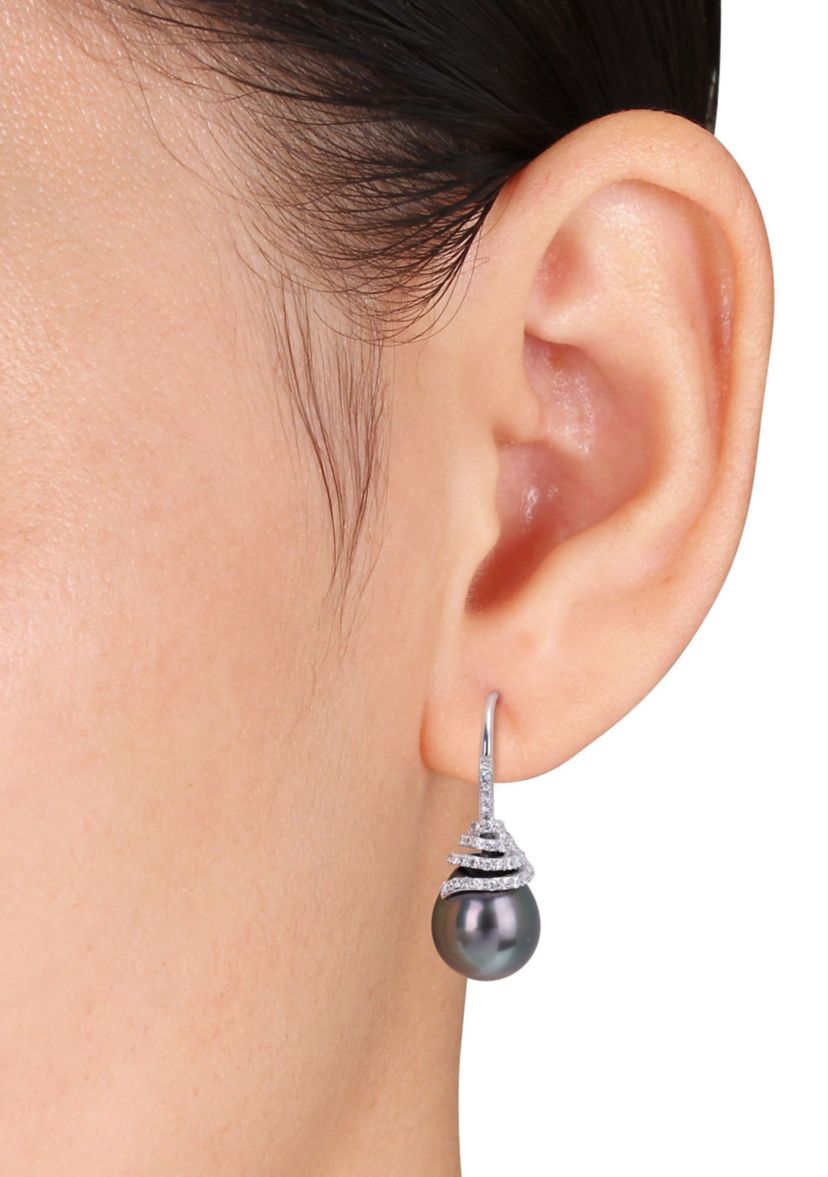 10-11mm Black Tahitian Cultured Pearl and 1/3 CT TW Diamond Swirl Hook Earrings in 14k White Gold
