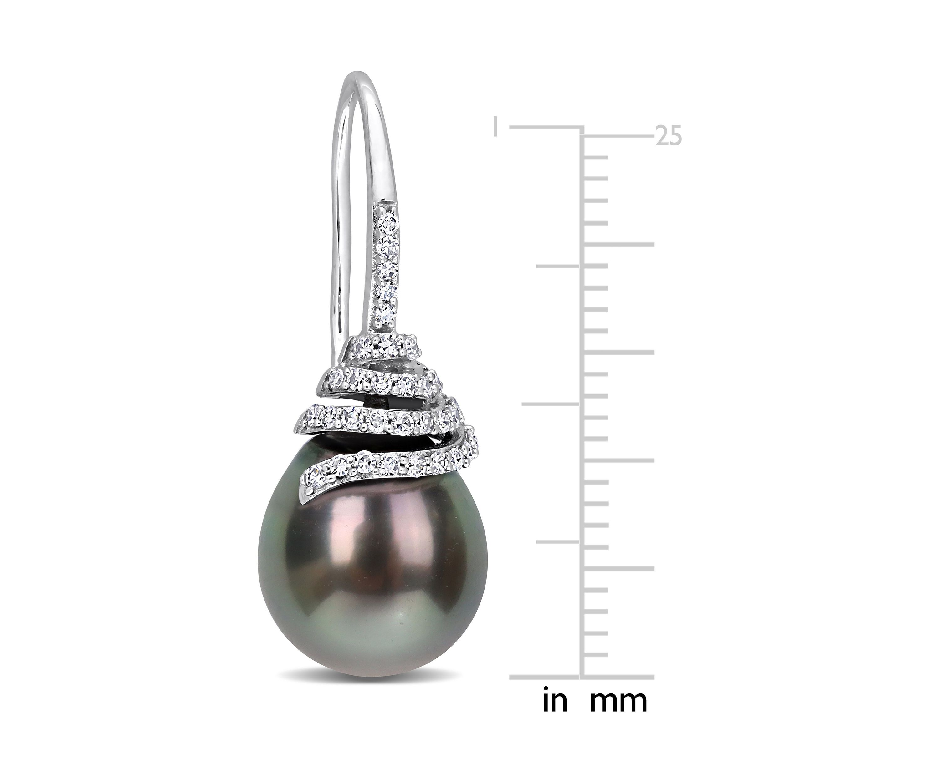 10-11mm Black Tahitian Cultured Pearl and 1/3 CT TW Diamond Swirl Hook Earrings in 14k White Gold