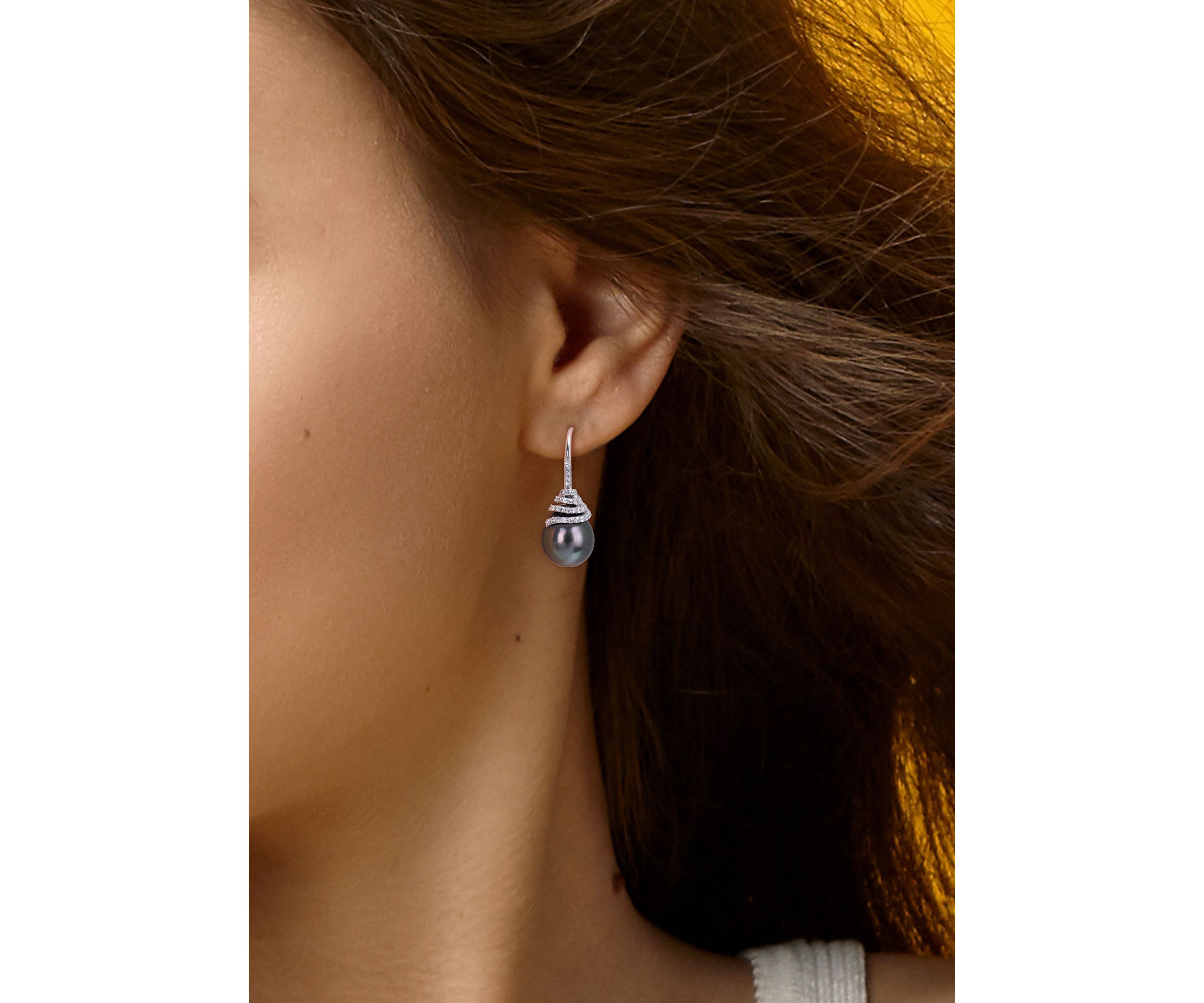10-11mm Black Tahitian Cultured Pearl and 1/3 CT TW Diamond Swirl Hook Earrings in 14k White Gold