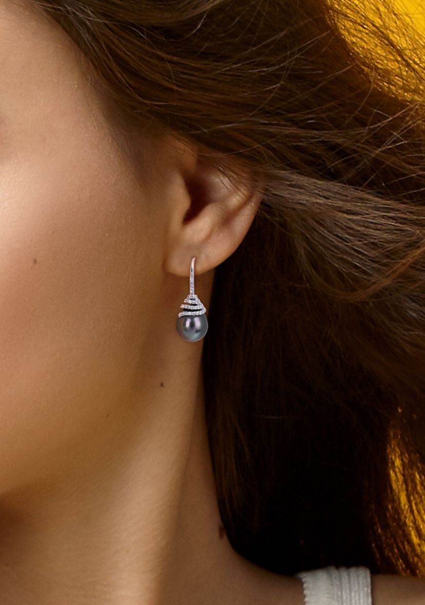 10-11mm Black Tahitian Cultured Pearl and 1/3 CT TW Diamond Swirl Hook Earrings in 14k White Gold