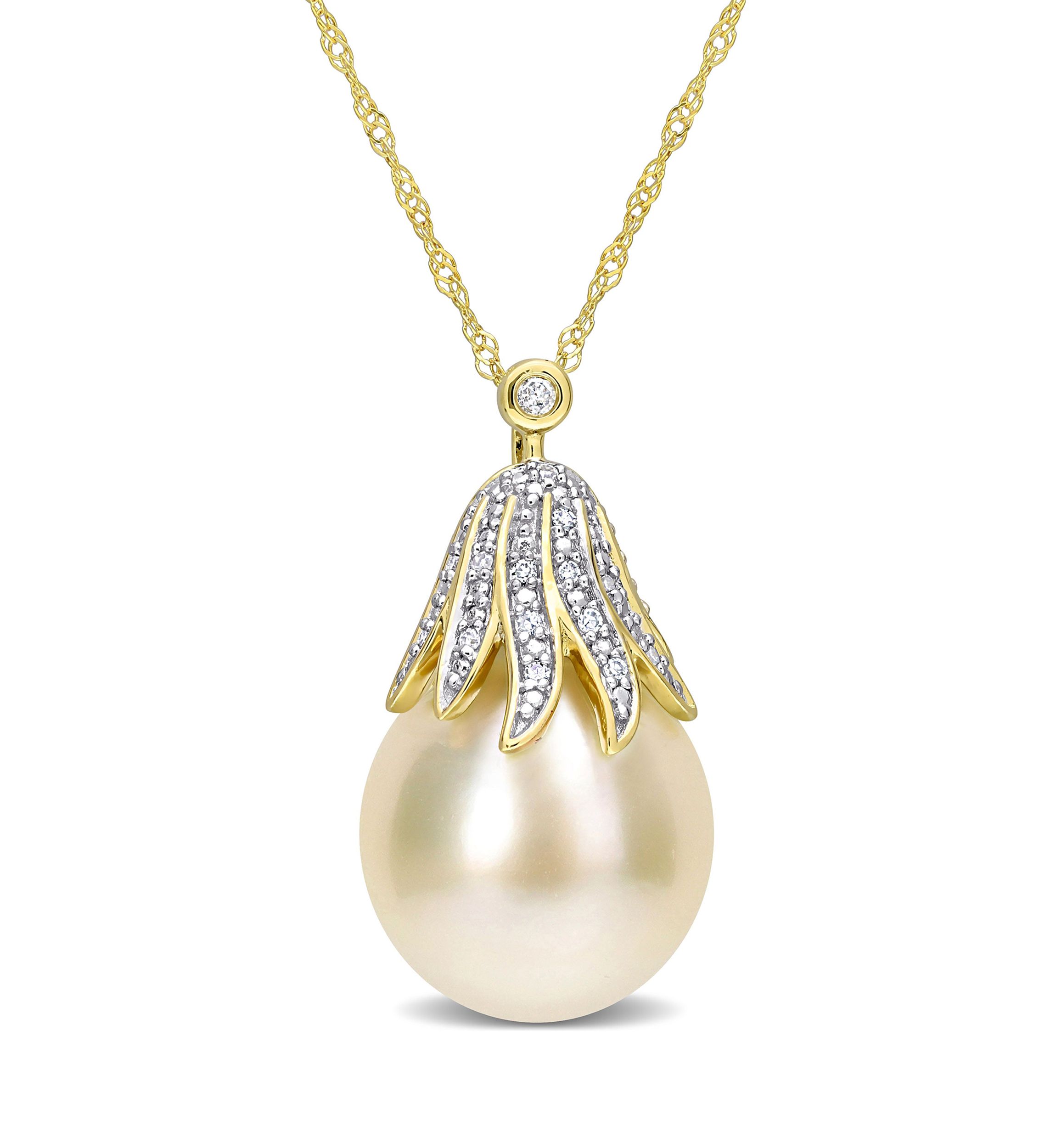 10-11mm South Sea Cultured Pearl and Diamond Accent Pendant with Chain in 14k Yellow Gold