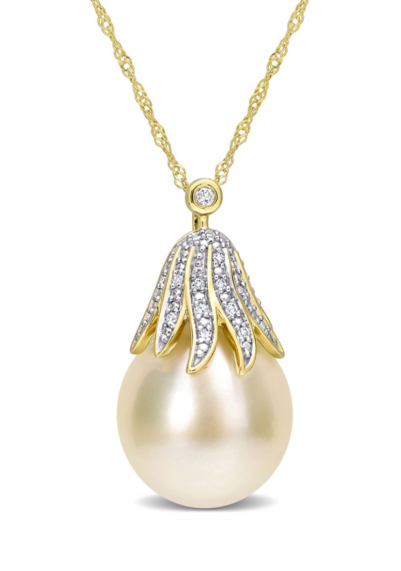10-11mm South Sea Cultured Pearl and Diamond Accent Pendant with Chain in 14k Yellow Gold