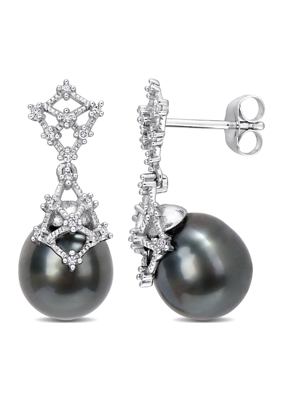 9-10mm Black Tahitian Cultured Pearl and 1/7 CT TW Diamond Drop Earrings in 14k White Gold