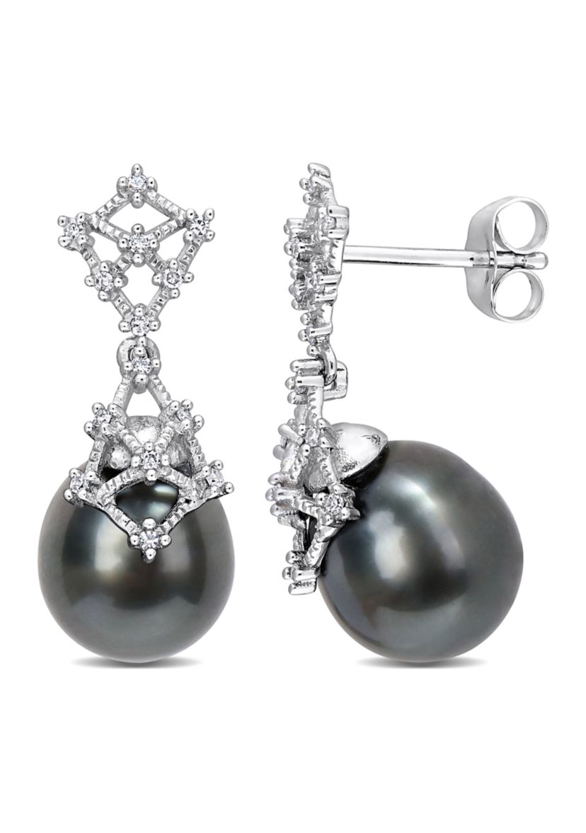 9-10mm Black Tahitian Cultured Pearl and 1/7 CT TW Diamond Drop Earrings in 14k White Gold