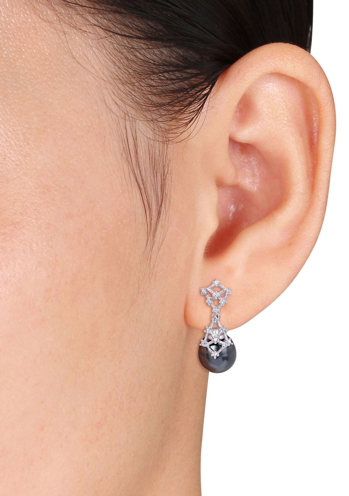 9-10mm Black Tahitian Cultured Pearl and 1/7 CT TW Diamond Drop Earrings in 14k White Gold