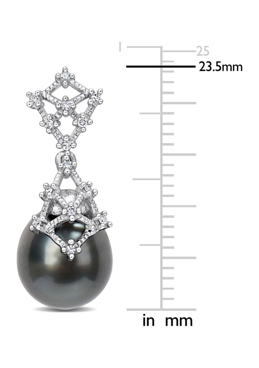 9-10mm Black Tahitian Cultured Pearl and 1/7 CT TW Diamond Drop Earrings in 14k White Gold