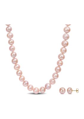 Belk & Co 9-10mm Pink Cultured Freshwater Pearl Strand Necklace and Stud Earrings 2-Piece Set with 14k Yellow Gold