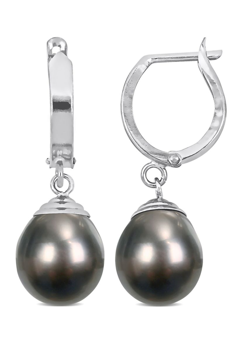 9-10mm Black Tahitian Pearl Huggie Earrings in 14k White Gold