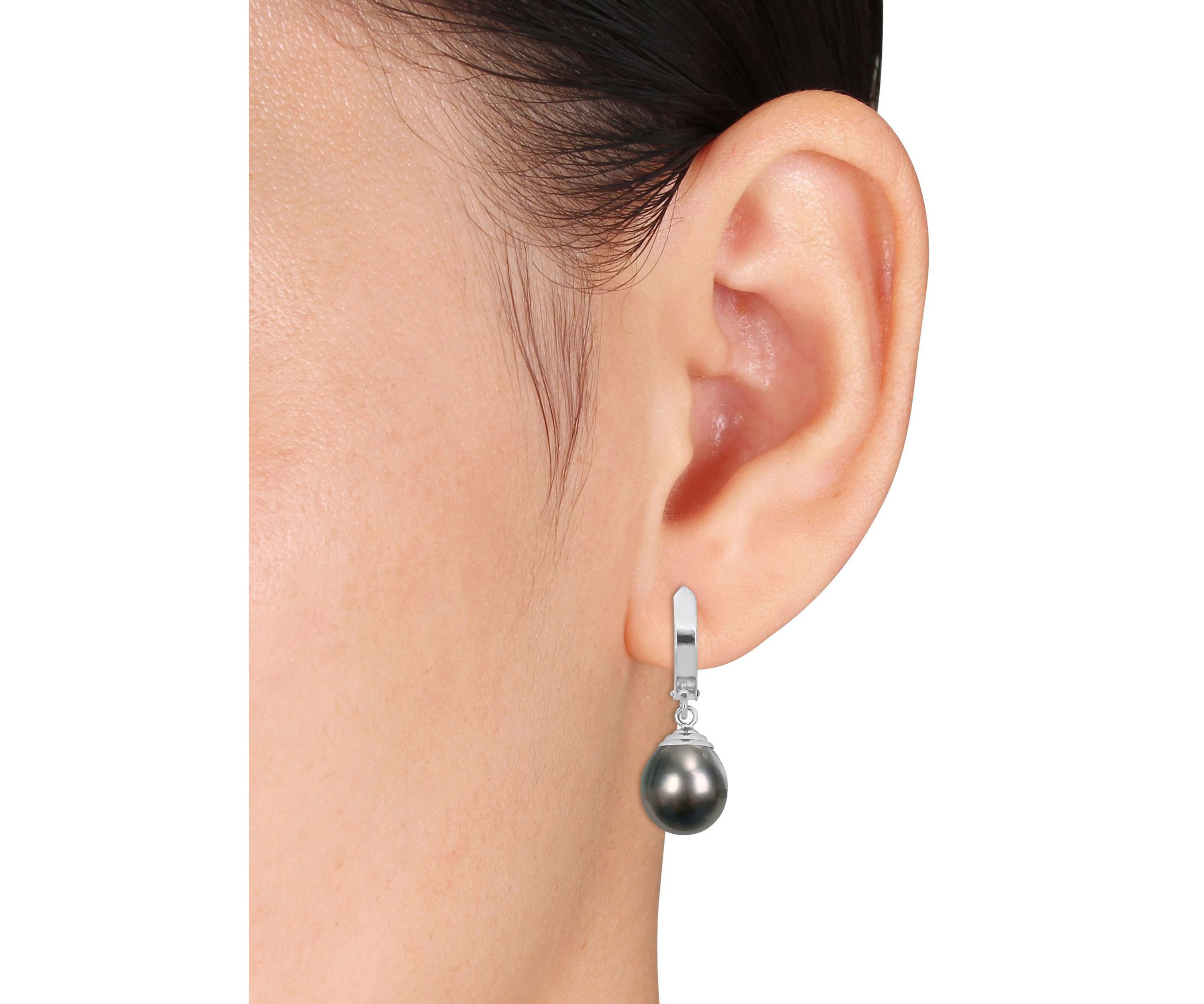 9-10mm Black Tahitian Pearl Huggie Earrings in 14k White Gold