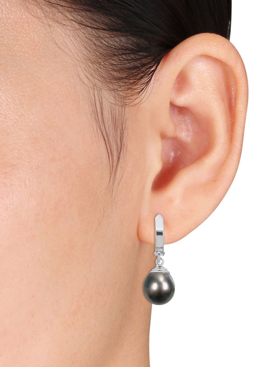 9-10mm Black Tahitian Pearl Huggie Earrings in 14k White Gold