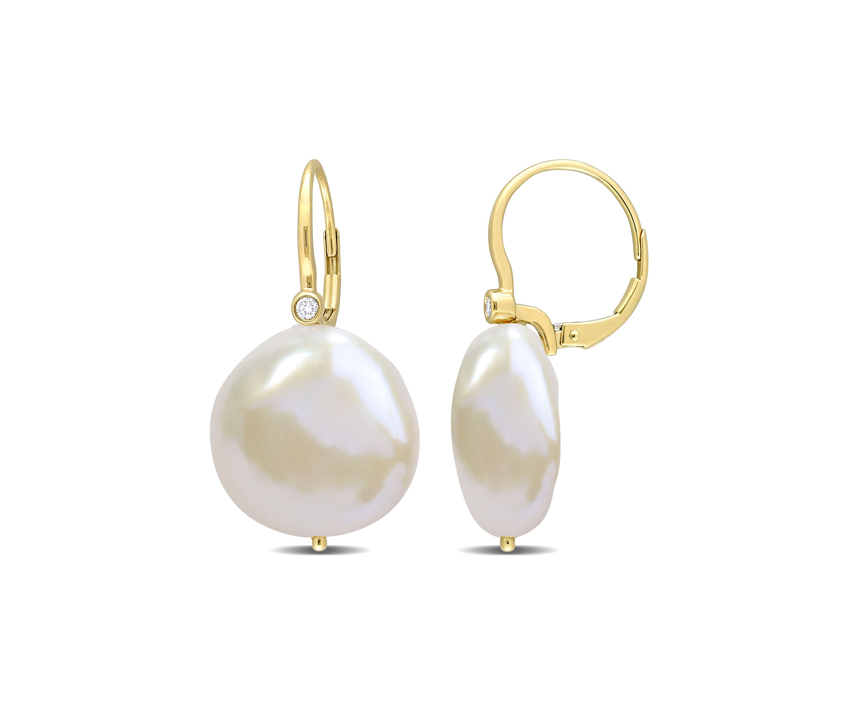 17.5-18mm Cultured Freshwater Pearl and Diamond Accent Leverback Earrings in 14k Yellow Gold