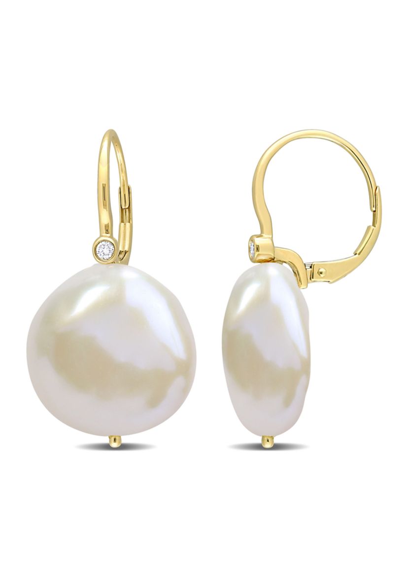 17.5-18mm Cultured Freshwater Pearl and Diamond Accent Leverback Earrings in 14k Yellow Gold