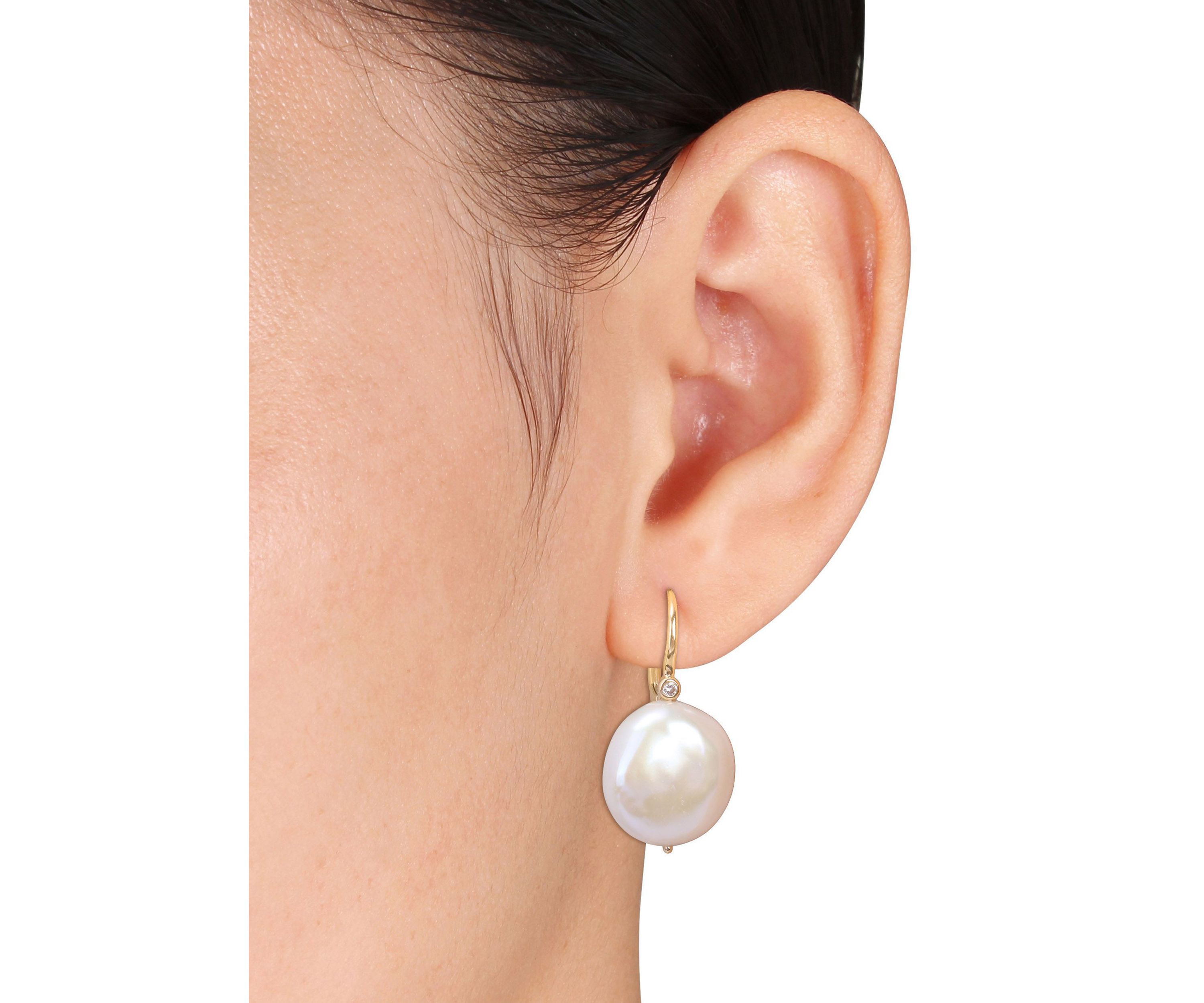 17.5-18mm Cultured Freshwater Pearl and Diamond Accent Leverback Earrings in 14k Yellow Gold