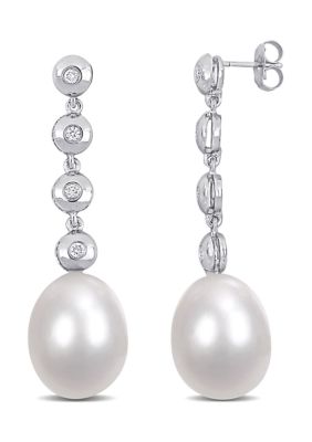 Belk & Co 11-11.5mm Cultured Freshwater Pearl and 1/6 CT TDW Diamond Linear Drop Earrings in 14k White Gold