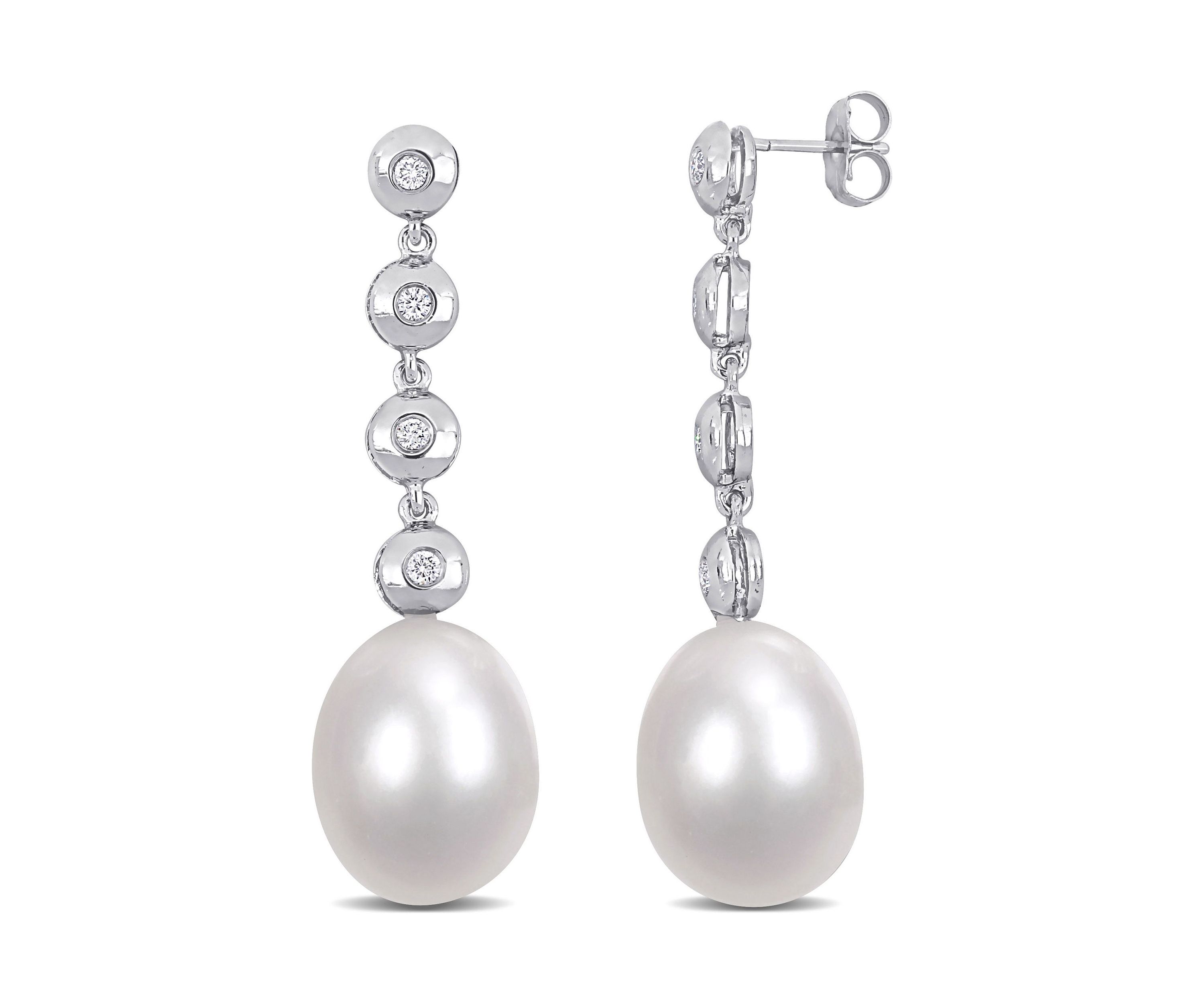 11-11.5mm Cultured Freshwater Pearl and 1/6 CT TDW Diamond Linear Drop Earrings in 14k White Gold