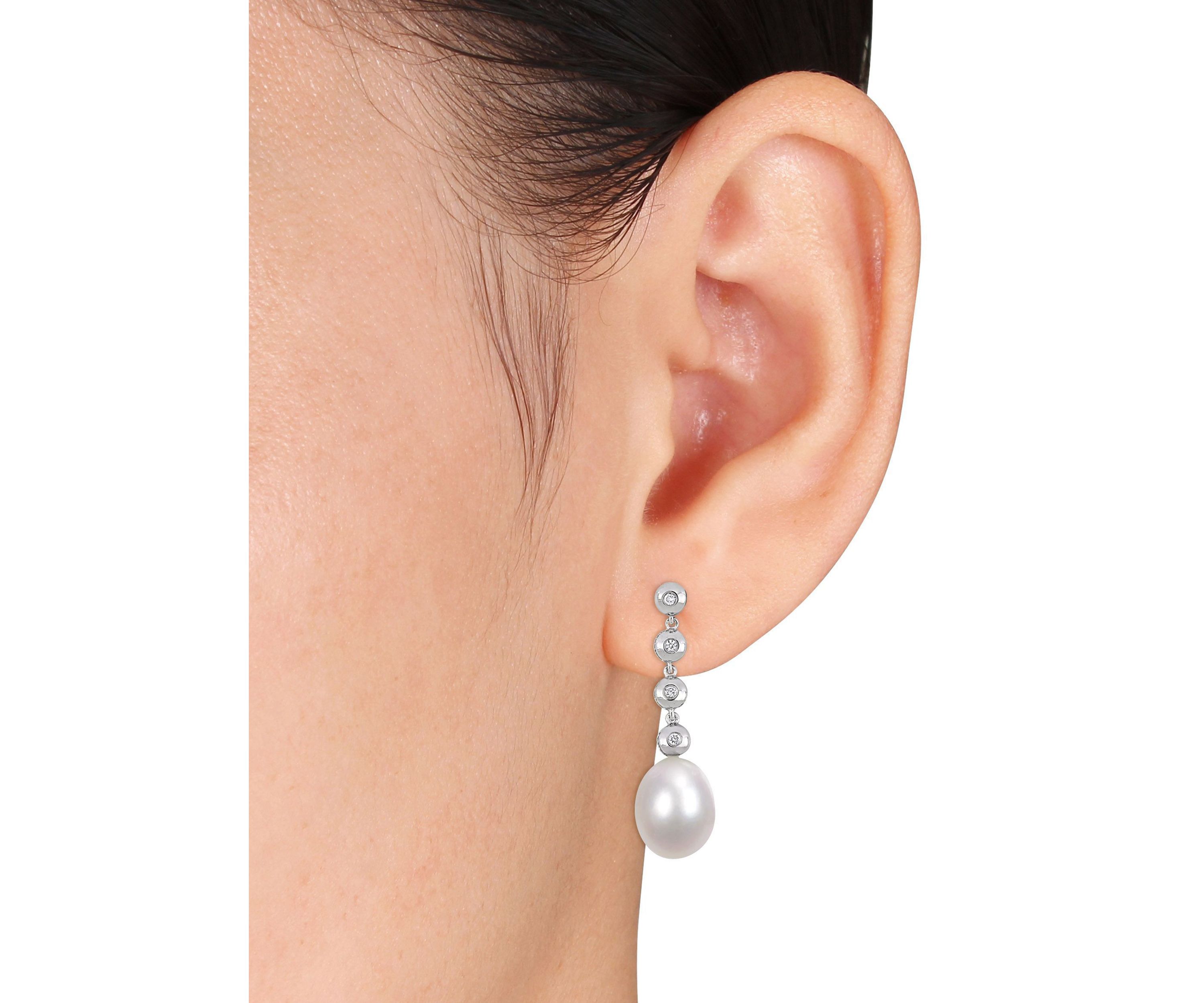 11-11.5mm Cultured Freshwater Pearl and 1/6 CT TDW Diamond Linear Drop Earrings in 14k White Gold