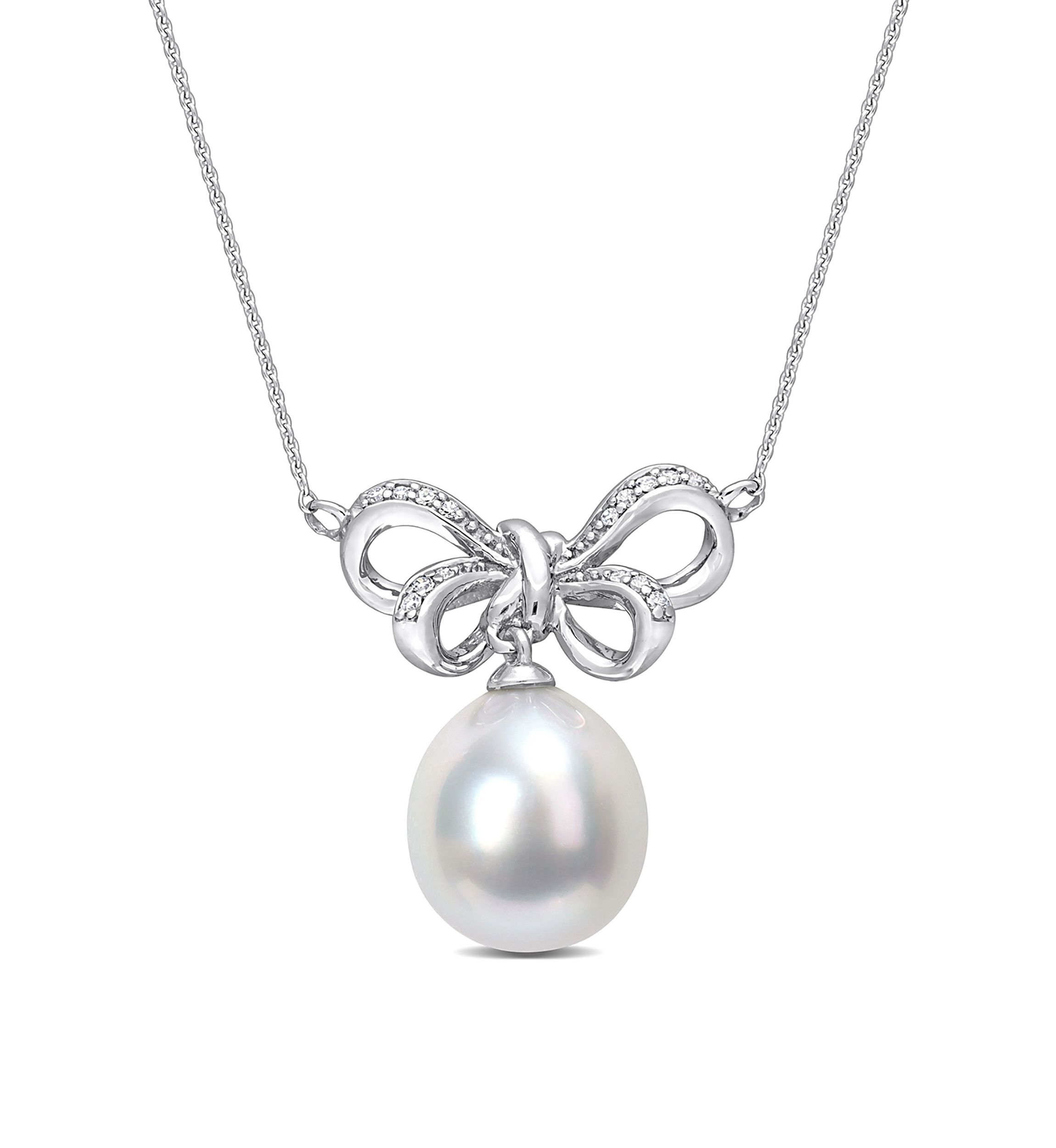 9.5 -100mm South Sea Cultured Pearl and Diamond Accent Bow Drop Pendant with Chain in 10k White Gold I2;I3