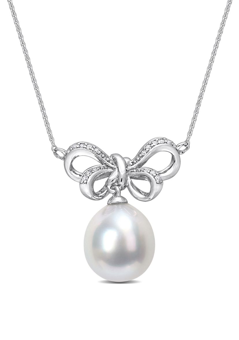 9.5 -100mm South Sea Cultured Pearl and Diamond Accent Bow Drop Pendant with Chain in 10k White Gold I2;I3