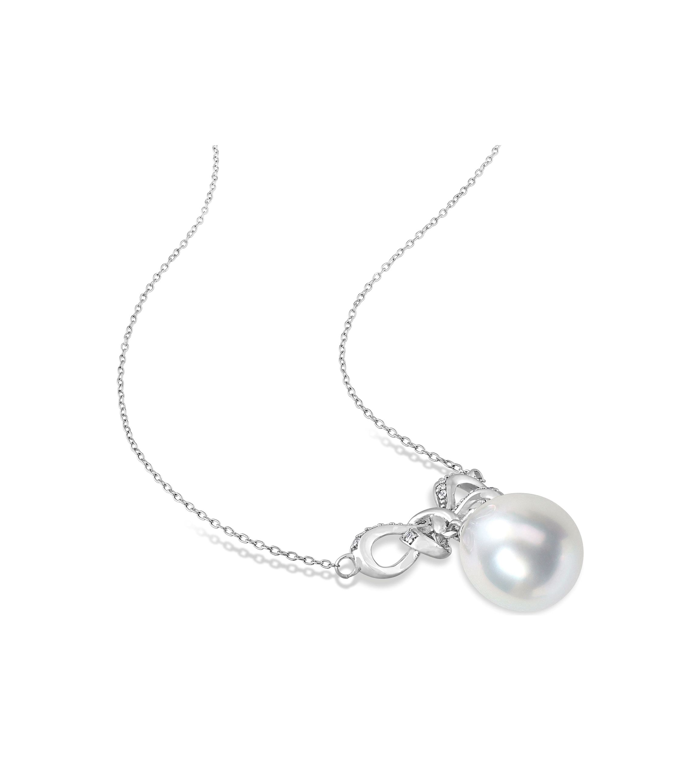 9.5 -100mm South Sea Cultured Pearl and Diamond Accent Bow Drop Pendant with Chain in 10k White Gold I2;I3