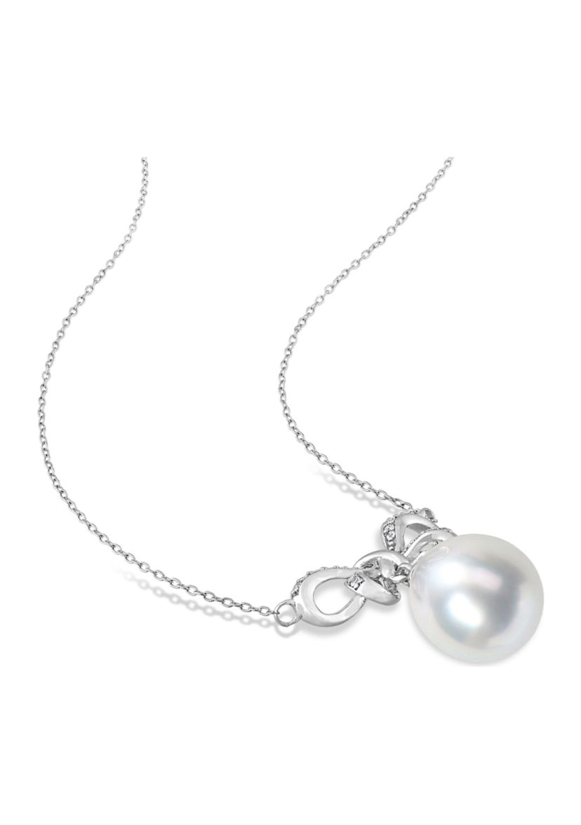 9.5 -100mm South Sea Cultured Pearl and Diamond Accent Bow Drop Pendant with Chain in 10k White Gold I2;I3