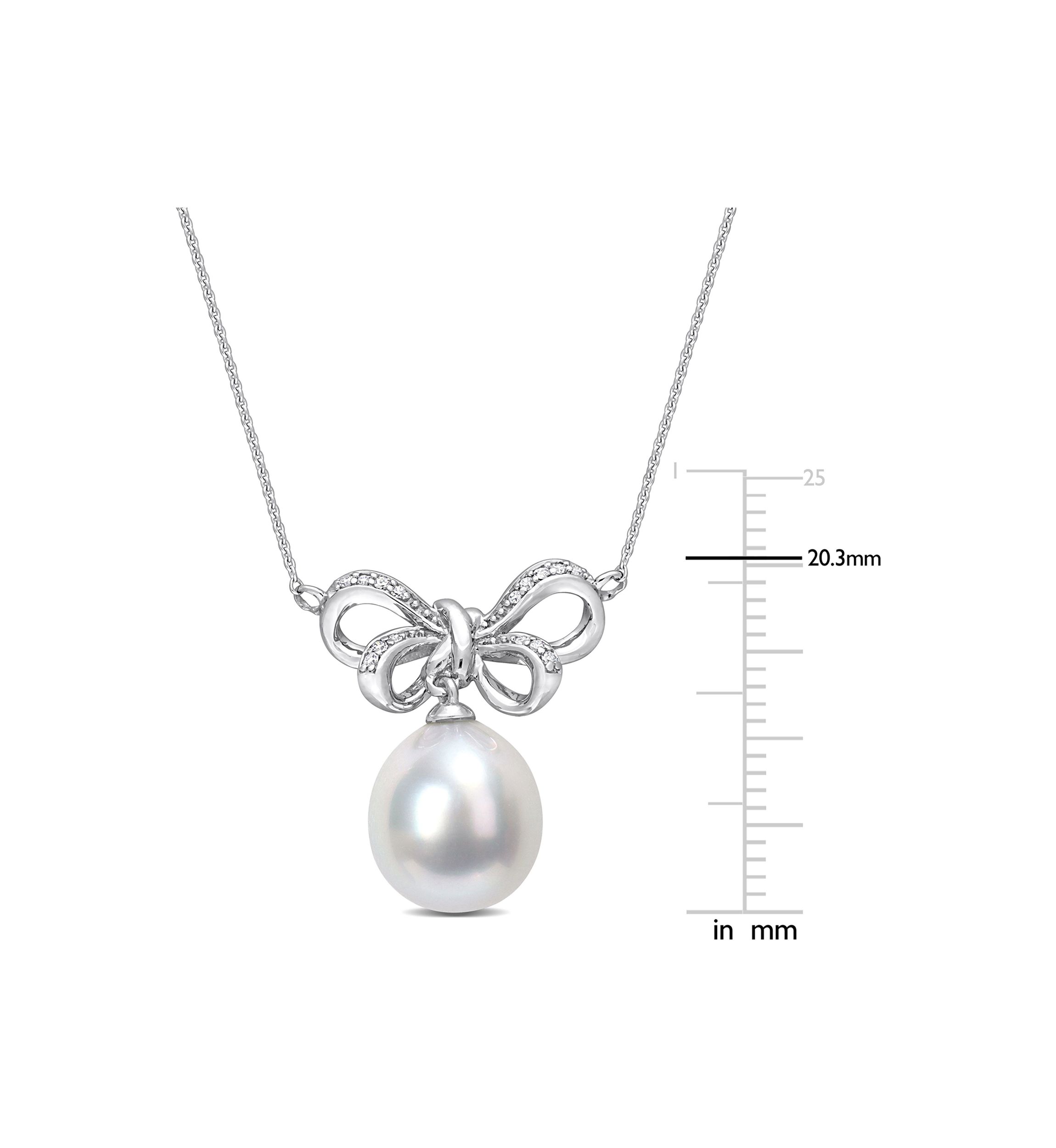 9.5 -100mm South Sea Cultured Pearl and Diamond Accent Bow Drop Pendant with Chain in 10k White Gold I2;I3