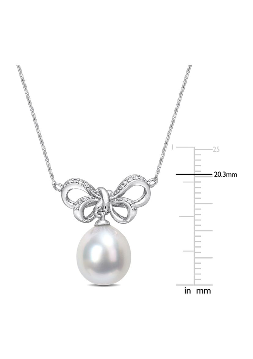 9.5 -100mm South Sea Cultured Pearl and Diamond Accent Bow Drop Pendant with Chain in 10k White Gold I2;I3