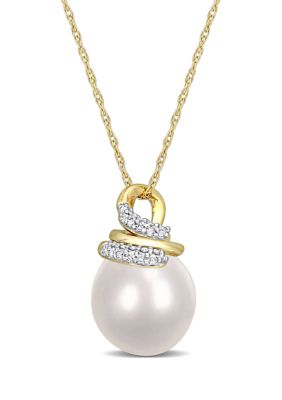 Belk & Co 9-10mm South Sea Cultured Pearl and 1/10 CT TW Diamond Wrap Pendant with Chain in 10k Yellow Gold -  0075000281155