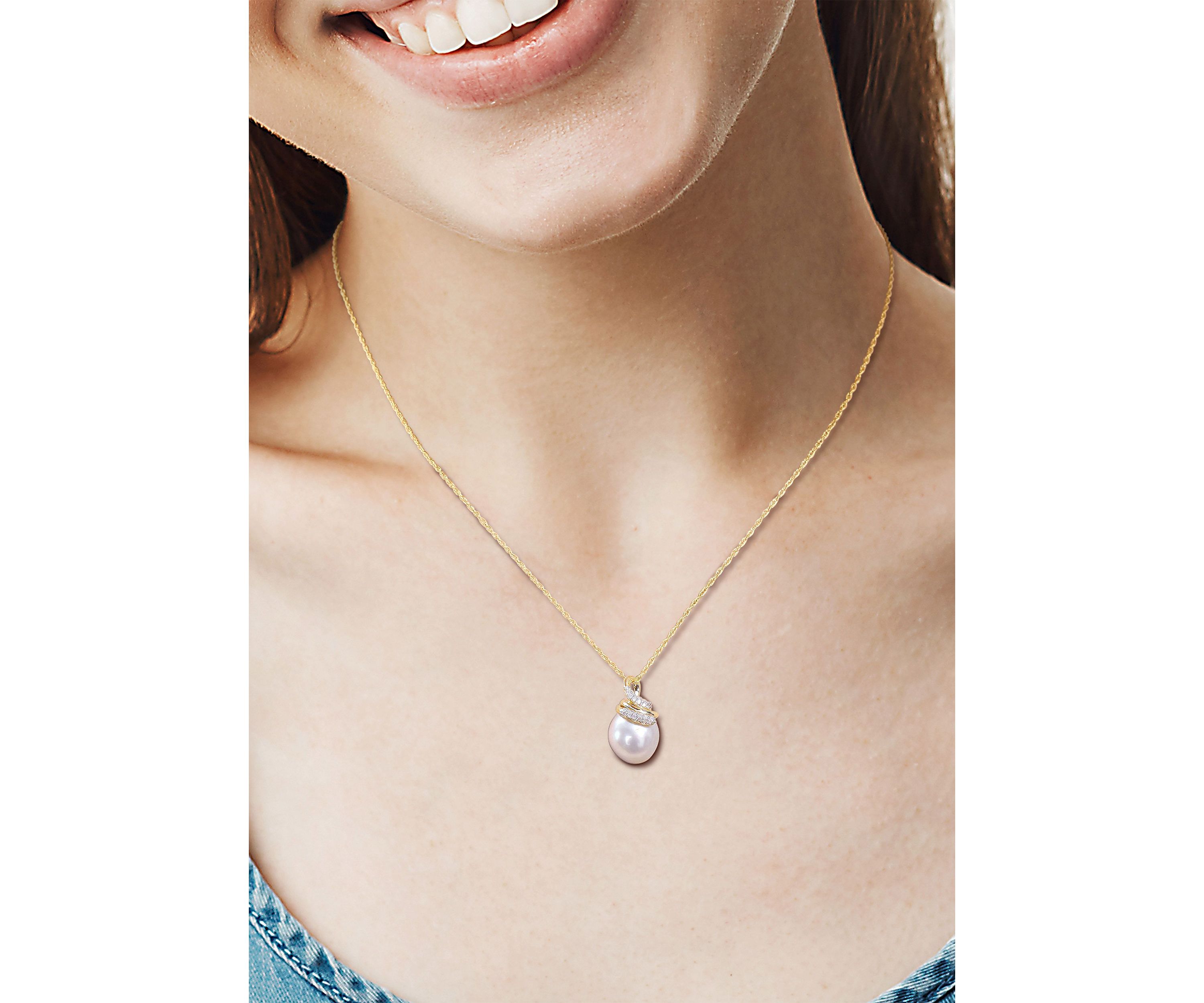9-10mm South Sea Cultured Pearl and 1/10 CT TW Diamond Wrap Pendant with Chain in 10k Yellow Gold