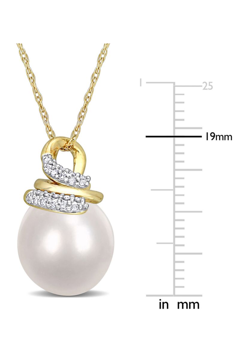 9-10mm South Sea Cultured Pearl and 1/10 CT TW Diamond Wrap Pendant with Chain in 10k Yellow Gold