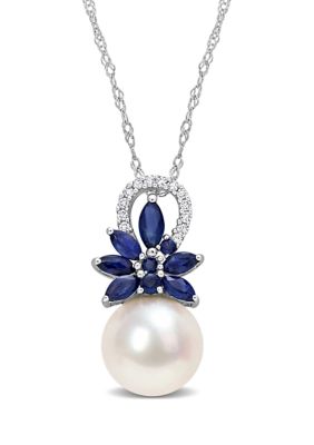 Belk & Co 9.5-10mm Cultured Freshwater Pearl and 3/8 CT TGW Sapphire and and Diamond Accent Flower Pendant with Chain in 14k White Gold