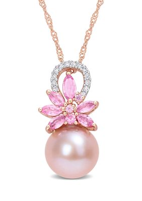 Belk & Co 9.5-10Mm Cultured Freshwater Pearl And 1/2 Ct Tgw Pink Sapphire And Diamond Accent Flower Pendant With Chain In 14K Rose Gold