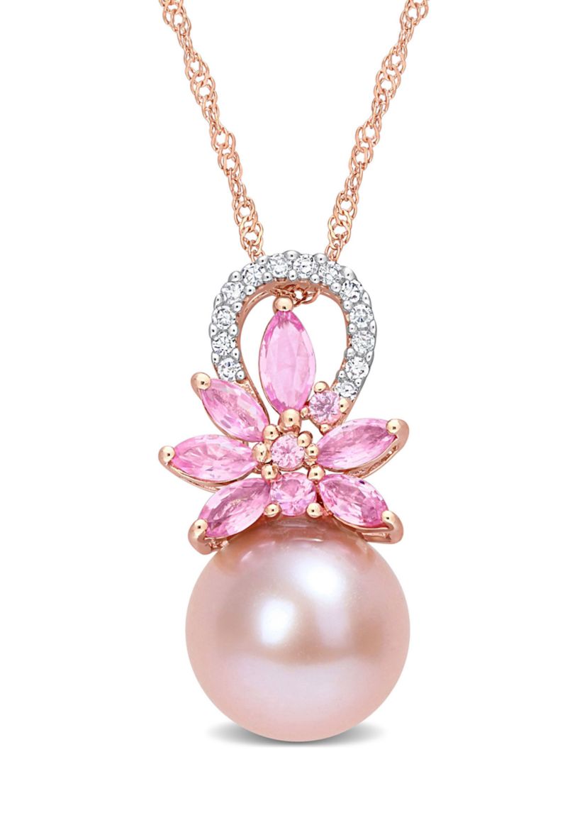 9.5-10mm Cultured Freshwater Pearl and 1/2 CT TGW Pink Sapphire and Diamond Accent Flower Pendant with Chain in 14k Rose Gold