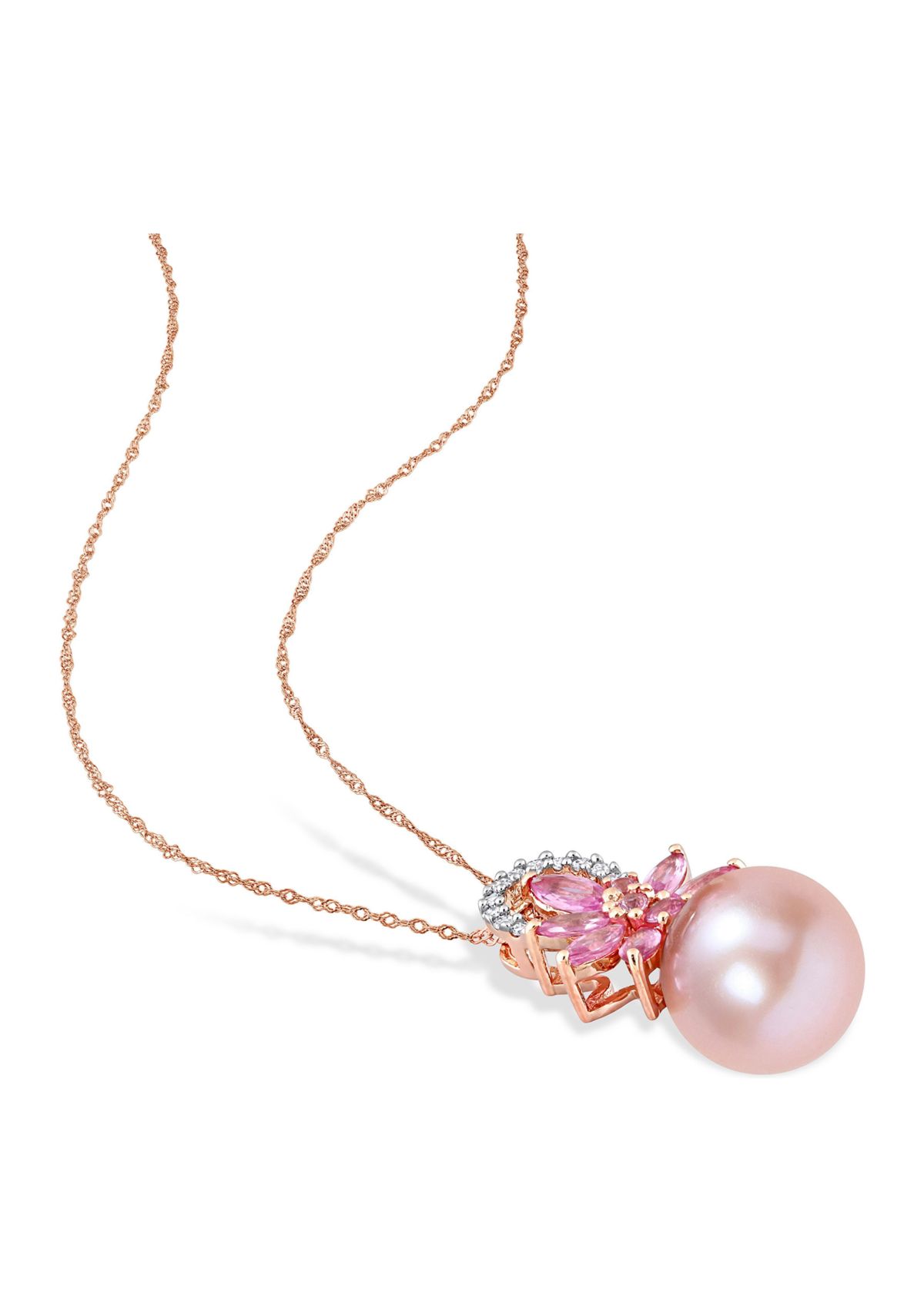 9.5-10mm Cultured Freshwater Pearl and 1/2 CT TGW Pink Sapphire and Diamond Accent Flower Pendant with Chain in 14k Rose Gold