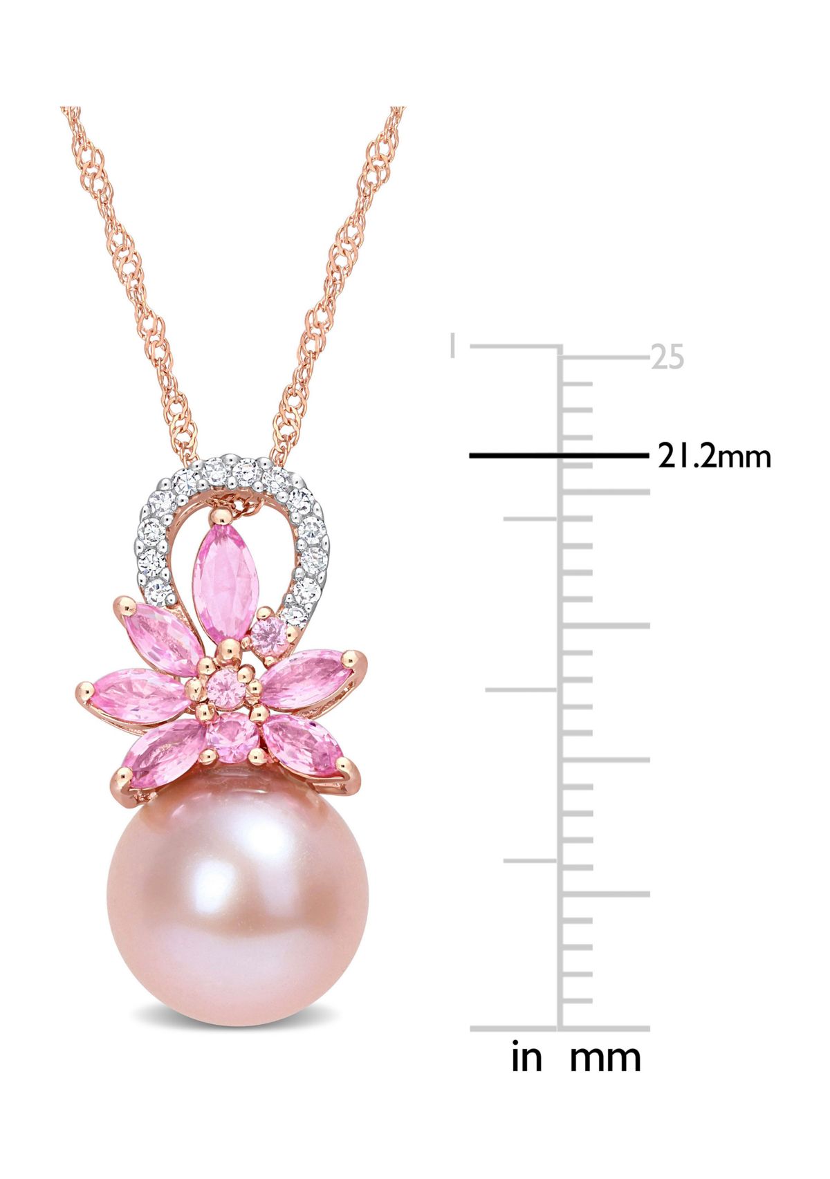 9.5-10mm Cultured Freshwater Pearl and 1/2 CT TGW Pink Sapphire and Diamond Accent Flower Pendant with Chain in 14k Rose Gold