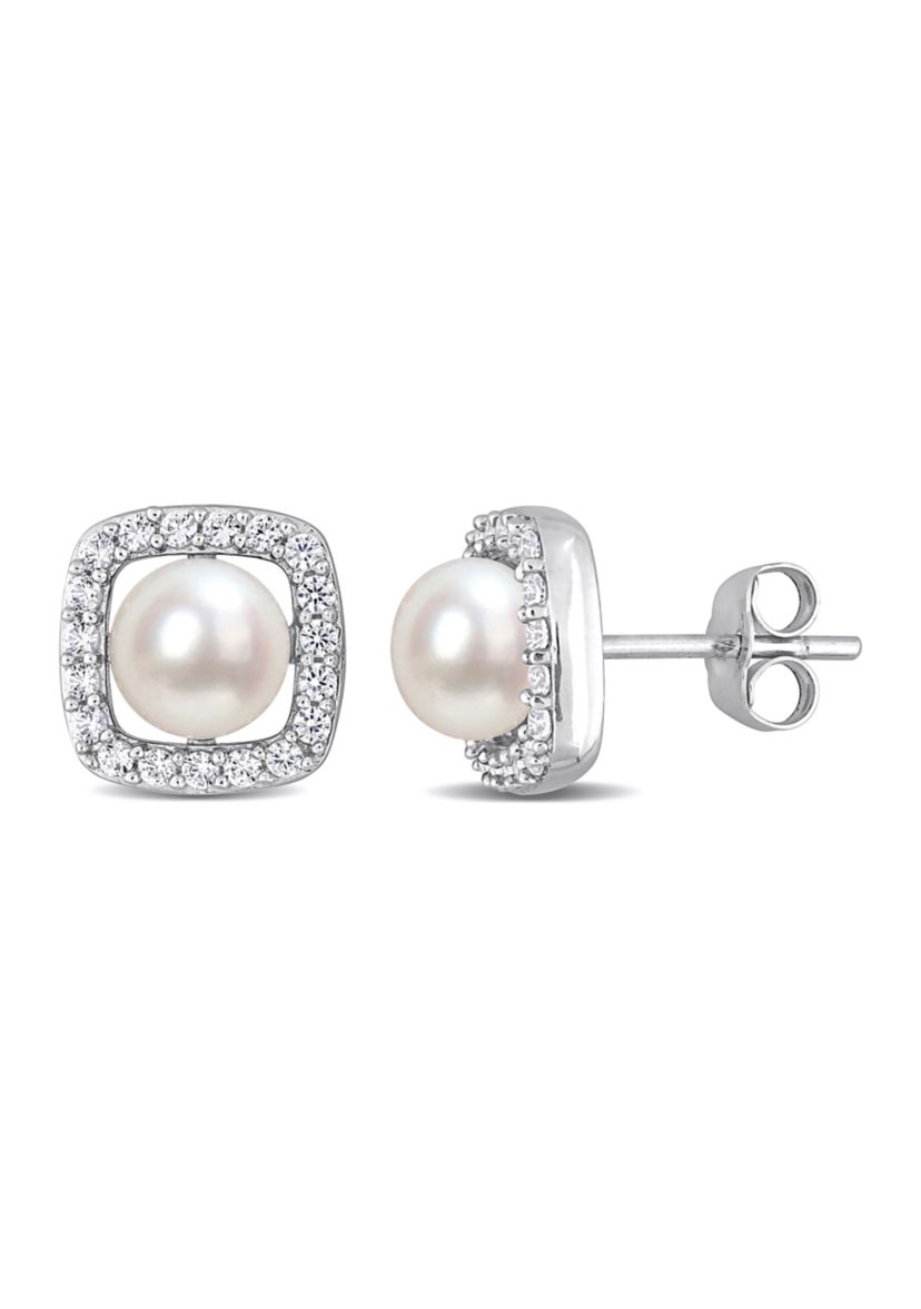 Lab Created 6-6.5mm Cultured Freshwater Pearl and 3/8 CT TGW Created White Sapphire Halo Stud Earrings in 10k White Gold