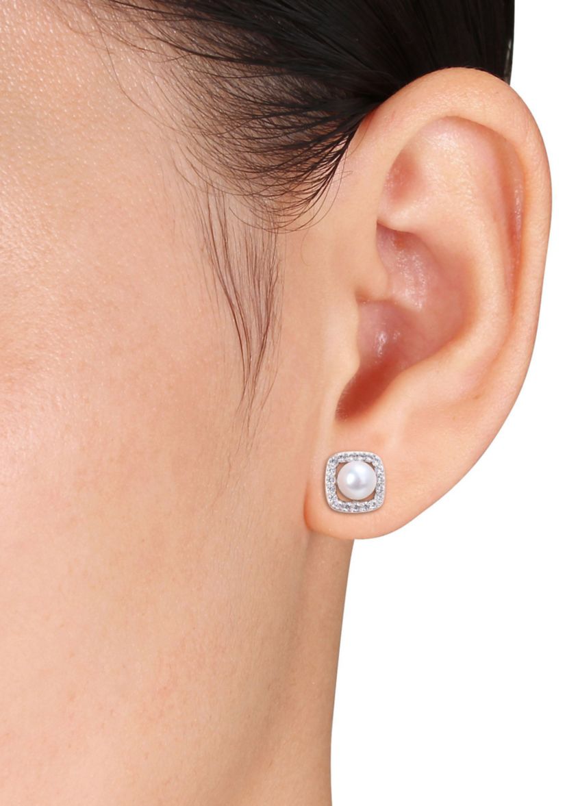 Lab Created 6-6.5mm Cultured Freshwater Pearl and 3/8 CT TGW Created White Sapphire Halo Stud Earrings in 10k White Gold
