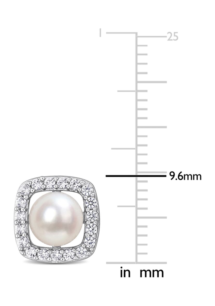 Lab Created 6-6.5mm Cultured Freshwater Pearl and 3/8 CT TGW Created White Sapphire Halo Stud Earrings in 10k White Gold