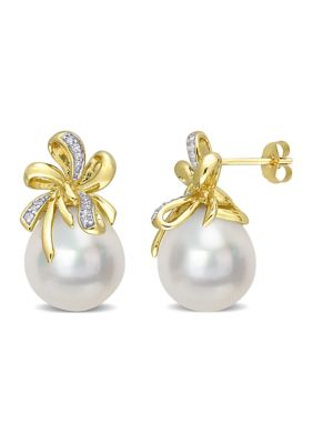 Belk & Co 12-12.5mm South Sea Cultured Pearl and 1/10 CT TW Diamond Floral Earrings in 10k Yellow Gold