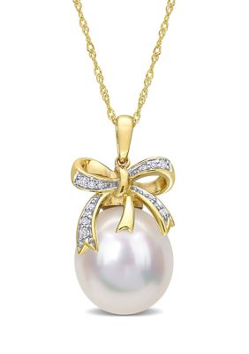 Belk & Co 12-12.5mm South Sea Cultured Pearl and 1/10 CT TW Diamond Bow Pendant with Chain in 10k Yellow Gold